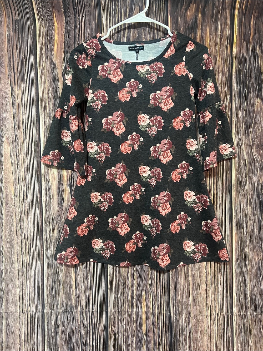Sequin Hearts Black Tunic with Rose Print in Blush and Dusty Rose